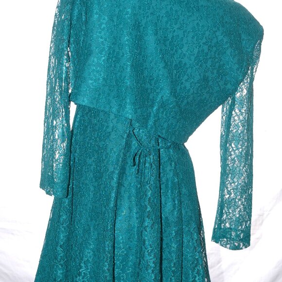 Lace DRESS & BOLERO 2 Pc. Set Vittoria Virini Teal Aqua Green Floral Vtg 80s-90s - Picture 6 of 9